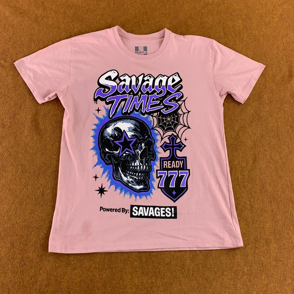 Hustle Adult Size Large Pink Short Sleeve Savage Times Graphic T-Shirt New *Flaw